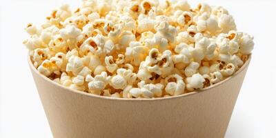 Freshly popped popcorn in a brown paper container ready for movie night or snack time at home photo