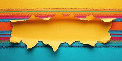 Colorful torn paper creating a vibrant background with yellow, blue, and multicolored stripes photo
