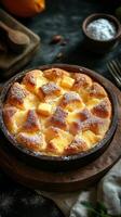 Delicious baked dessert with creamy filling and butter pieces served in a rustic dish on a dark table photo