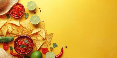 Delicious salsa and tortilla chips served on a vibrant yellow background with fresh ingredients photo