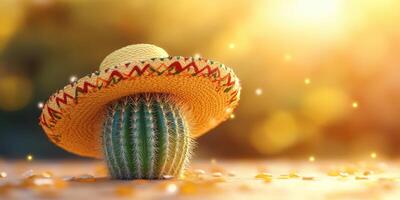 Cactus wearing a sombrero basking in warm sunlight during a vibrant outdoor setting photo