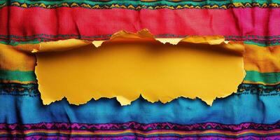 Vibrant colored fabric background with ripped yellow paper strip for creative designs and presentations photo
