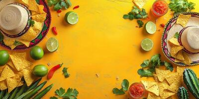 Colorful spread of chips and drinks with fresh ingredients at a festive gathering on a bright yellow table photo