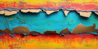 Vibrant abstract wall art with peeling layers showcasing bold colors and textures in a creative urban setting photo