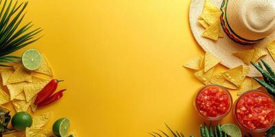 Colorful fiesta setup with chips, salsa, and tropical elements on a bright yellow backdrop photo