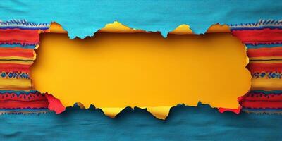 Colorful textile background with torn paper revealing a vibrant yellow space for text photo