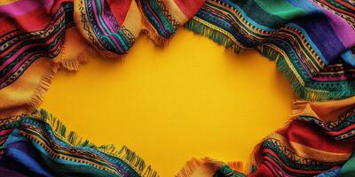 Colorful woven scarves arranged on a bright yellow background showcasing traditional craftsmanship and vibrant hues photo