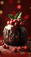 Delicious chocolate dessert adorned with berries and holly creates a festive atmosphere during the holiday season photo