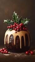 Rich brown pudding topped with shiny red berries and green holly leaves for festive celebrations photo