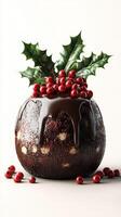 Delicious chocolate dessert adorned with holly and red berries for festive celebration photo