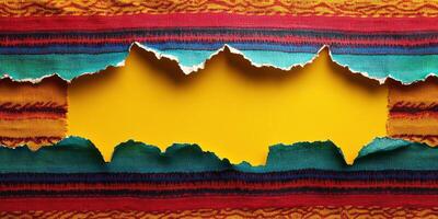 Colorful fabric background with a vibrant tear revealing a bright yellow surface underneath photo