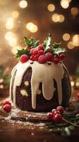 Deliciously decorated festive pudding with berries and holly on a wooden table during the holiday season photo