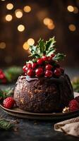 Festive dessert with holly and red berries on a dark background surrounded by festive lights and decorations photo