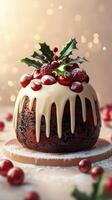 Delicious holiday dessert featuring rich cake topped with festive decorations and glistening berries on a warm background photo