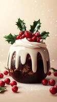 Festive chocolate dessert adorned with holly, red berries, and creamy icing for holiday celebrations photo