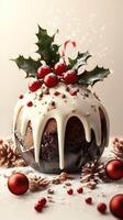 Christmas dessert featuring chocolate glaze, festive decorations, and pinecones on a neutral background photo