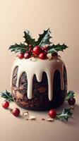 Holiday dessert featuring a traditional cake topped with icing and festive berries against a neutral backdrop photo