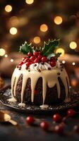 Festive cake adorned with cream and berries creates a cozy holiday atmosphere in a warmly lit setting photo