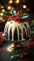 Festive dessert featuring a rich chocolate cake adorned with cream and berries during a cozy holiday gathering photo