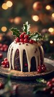 Festive dessert with rich icing decorated with red berries and holly on a rustic wooden table photo