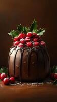 Rich chocolate dessert adorned with holly and berries for a festive celebration photo