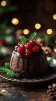 Chocolate cake topped with cherries and pine, beautifully arranged for holiday celebrations photo