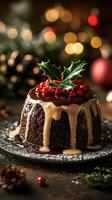 Delicious holiday pudding topped with red berries and holly on a festive table with twinkling lights photo