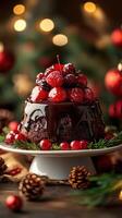 Festive chocolate cake topped with red berries and decorations, perfect for holiday celebrations photo