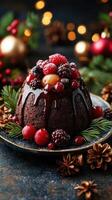 Exquisite holiday dessert featuring rich chocolate glaze and fresh berries on a festive table photo