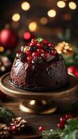 Rich chocolate dessert topped with vibrant berries and glaze on a wooden table decorated for the holidays photo