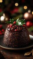 Traditional holiday dessert garnished with fresh holly on a festive table photo