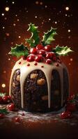 Festive dessert featuring rich pudding topped with chocolate glaze, cranberries, and holly on a celebratory background photo