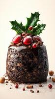 Festive dessert featuring chocolate glaze, holly, and berries on a rich pudding served during winter celebrations photo