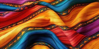 Colorful woven fabric displaying intricate patterns and vibrant hues suitable for various textile art projects photo
