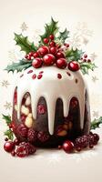 Festive dessert with rich fruitcake, creamy icing, and decorative berries set against a soft background photo