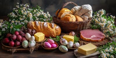 Colorful Easter food spread with bread, eggs, cheese, and floral decorations on a rustic table setting photo