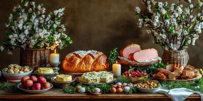 Festive brunch display with baked goods, fruits, and flowers on a rustic table photo