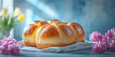 Freshly baked brioche bread on a light cloth surrounded by vibrant flowers in a cozy kitchen setting photo