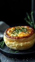 Savory pastry filled with creamy cheese and topped with fresh herbs in a cozy kitchen setting photo