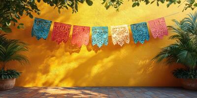 Colorful papel picado banners hang against a vibrant yellow wall in a sunny outdoor space, creating a festive atmosphere photo
