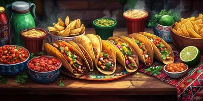 Colorful spread of tacos with traditional sides and fresh toppings on a rustic table during a festive gathering photo