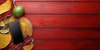 Colorful table setting featuring tacos, citrus fruits, and a smartphone, perfect for a vibrant dining experience photo