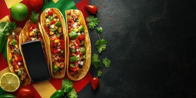 Delicious tacos served with fresh toppings and smartphone on a colorful background photo