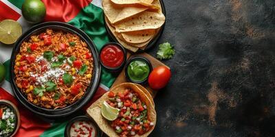 Vibrant platter of Mexican cuisine featuring rice, salsa, and tortillas on colorful background photo