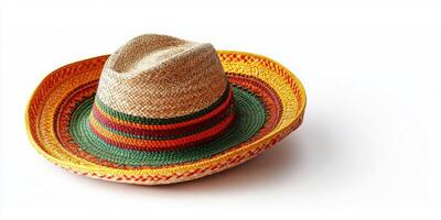 Colorful woven straw hat with intricate detailing placed on a white surface photo