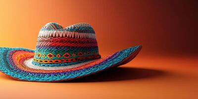 Colorful woven sombrero resting on an orange background in artistic display highlighting craftsmanship and design photo