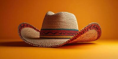 Straw hat with colorful band placed against a vibrant orange background highlighting its design and texture photo