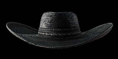 Stylish black wide-brimmed sombrero showcasing intricate weaving details and elegance in a studio setting photo