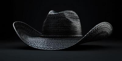 Stylish black straw cowboy hat with intricate woven pattern on a dark background photo