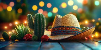Fiesta decorations with a straw hat, cacti, and flowers create a vibrant atmosphere at a festive gathering photo